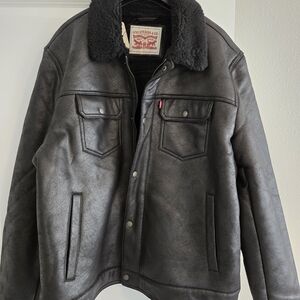 Levi's Black Faux-Leather Sherpa Collar Bomber Jacket